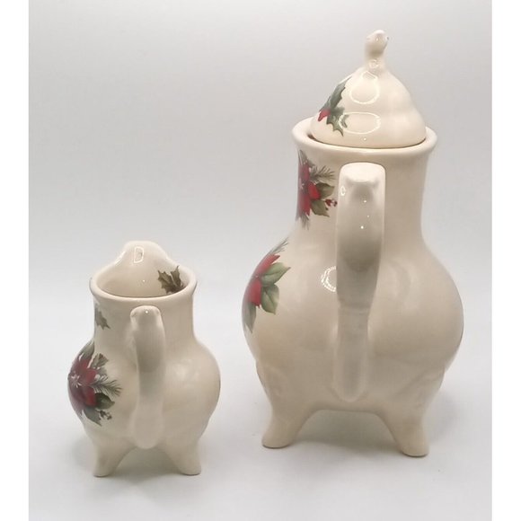Lily Creek Incomplete Porcelain Tea Set Poinsetta Teapot Creamer Cup 2 Saucers - Picture 6 of 12